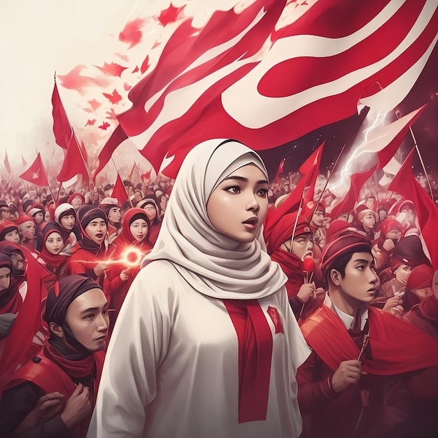 Ludzie świętują Indonezyjski Dzień Wolności na czerwono-białym tle wygenerowanym przez Ai