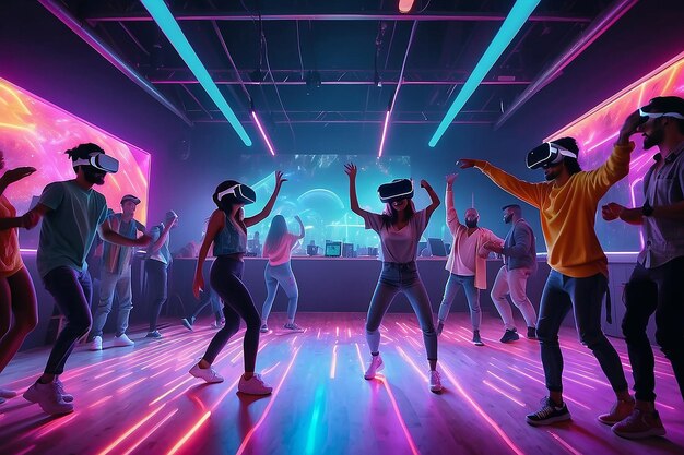 Zdjęcie ludzie tańczący na imprezie z headsetami wirtualnej rzeczywistości i jasnymi kolorami neonu