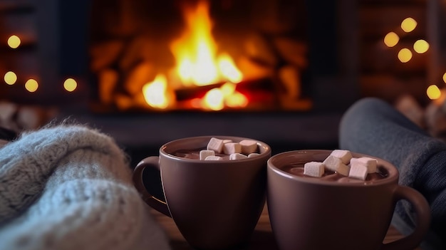 Ludzie trzymają w rękach dwa kubki gorącej czekolady z marshmallows w pobliżu komina