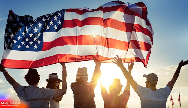 Ludzie trzymający flagę z napisem stany zjednoczone ameryki