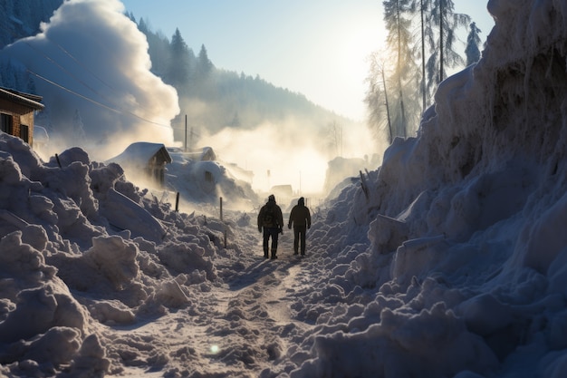 Zdjęcie ludzie w ekstremalnych warunkach śniegowych i zimowych