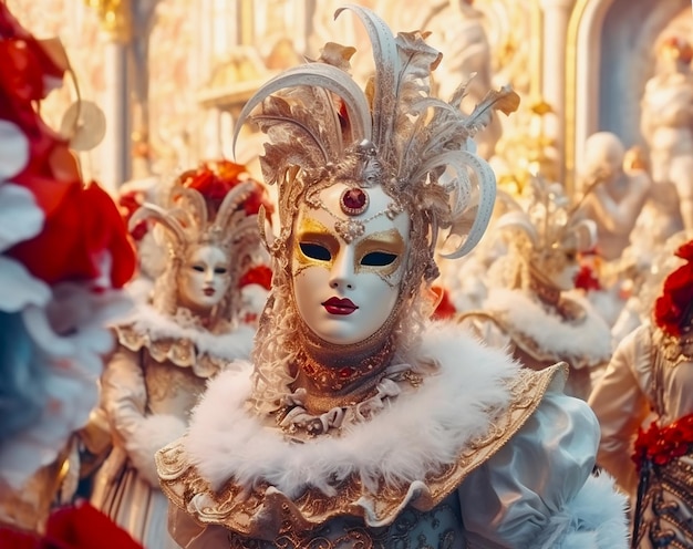 Ludzie w fantazyjnych maskach na karnawale w Wenecji