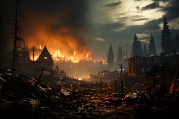 Zdjęcie ludzie w scenach z ekstremalnymi warunkami pogodowymi ogień i dym niektóre domy zniszczone i drzewa fa