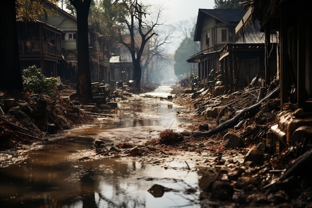 Ludzie w scenach z ekstremalnymi warunkami pogodowymi zalewają niektóre domy zniszczone i upadłe drzewa