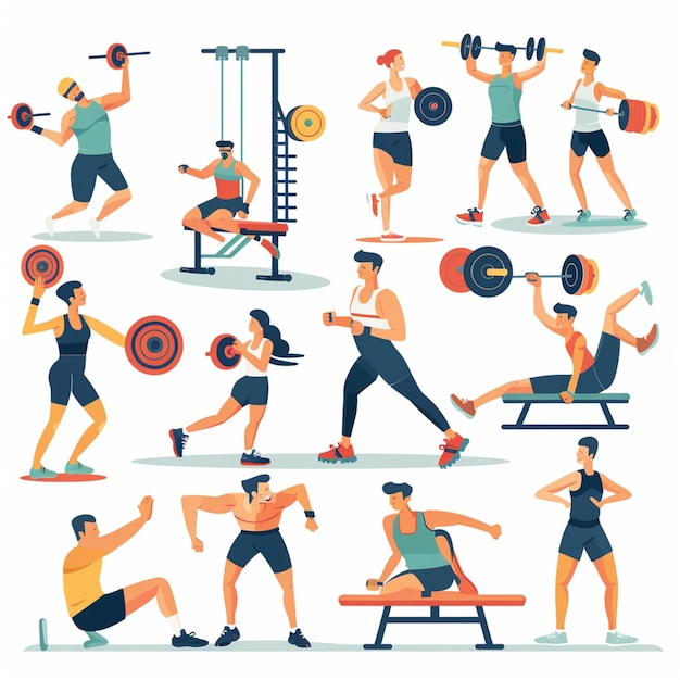 Ludzie w siłowni sportowej kolekcja wektorowa Zdrowy fitness ćwiczenia sportowe kolekcja ilustracji wektorowej