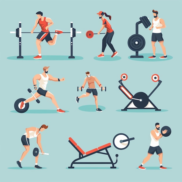 Ludzie w siłowni sportowej kolekcja wektorowa Zdrowy fitness ćwiczenia sportowe kolekcja ilustracji wektorowej