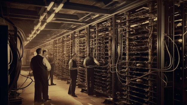 Zdjęcie ludzie w xix-wiecznym retro futurystycznym biurze laboratoryjnym duże centrum danych zdjęcie karty szafki