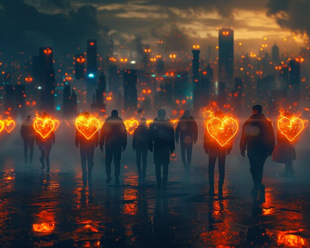 Zdjęcie ludzie z ai towarzyszy świecące serca promujące empatię poruszać się emocjonalne krajobrazy cityscape tło 3d renderowanie złota godzina oświetlenie efekt bokeh