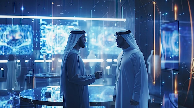 Ludzie z Dubaju komunikują się z nowymi technologiami.
