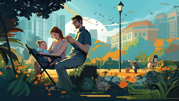 Ludzie z dzieckiem siedzącymi w parku i bawiącymi się w stylu inspirowanym projektowaniem graficznym