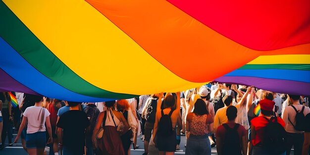 Ludzie z parady dumy i wielka tęczowa flaga LGBTQ duma wygenerowana przez sztuczną inteligencję
