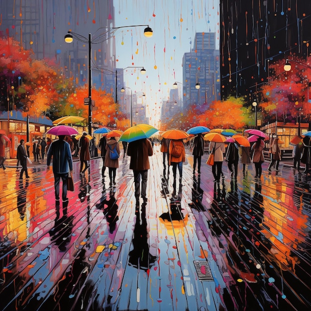 Ludzie z parasolami na ilustracji deszczowego miasta