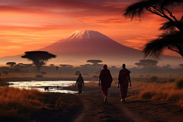 Ludzie z plemienia Masai idą w kierunku Kilimandżaro o wschodzie słońca