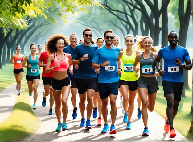 Ludzie z wielu narodów biegną razem wzdłuż ścieżki w parku Ludzie z maratonu lub fitness