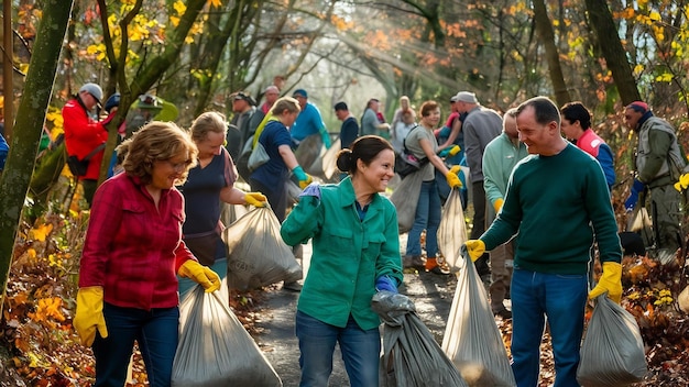 Zdjęcie ludzie zbierają śmieci w lesie.