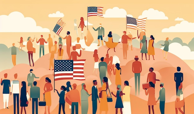 Ludzie ze wszystkich środowisk gromadzą się, aby świętować abstrakcyjną ilustrację Dnia Niepodległości Stanów Zjednoczonych