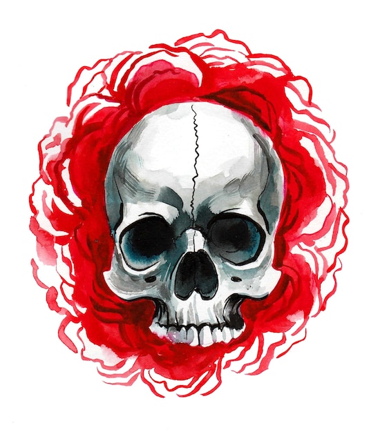 Zdjęcie ludzka czaszka i czerwone róże handdrawn atrament i akwarela szkic