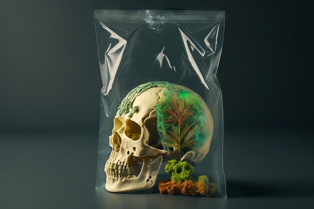 Ludzka czaszka i liść marihuany w plastikowej torbie na czarnym tle Generative AI