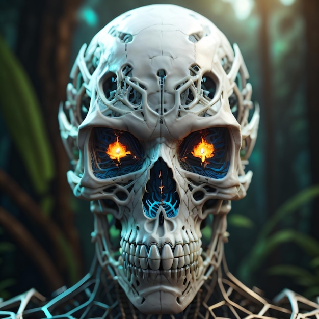Ludzka czaszka Nowe ciemne tło i renderowanie 3D kolorowe zielone liście Koncepcja Halloween ai