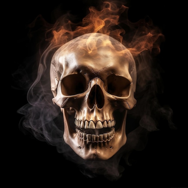 Ludzka czaszka w płomieniach z dymem na czarnym tle Generatywna sztuczna inteligencja