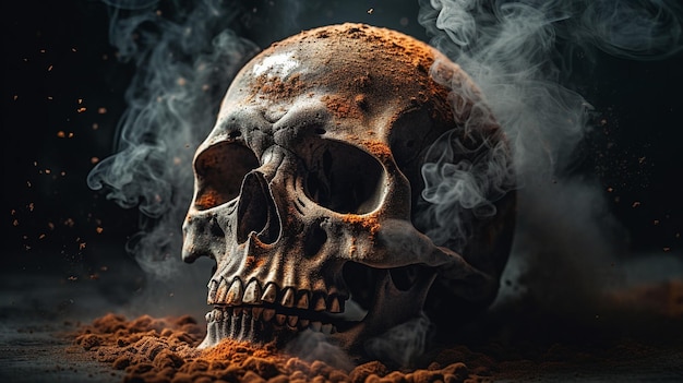 Ludzka czaszka z dymem na ciemnym tle Koncepcja Halloween Renderowanie 3D
