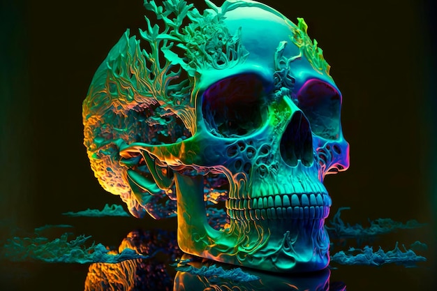 Ludzka czaszka z kolorowymi plamami na ciemnym tle Generatywna sztuczna inteligencja