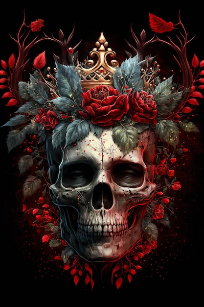 Ludzka czaszka z koroną otoczona czerwonymi kwiatami na czarnym tle Generative ai