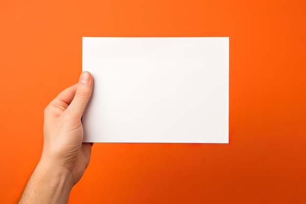 Ludzka dłoń trzymająca pustą kartkę białego papieru lub karty odizolowaną na pomarańczowym tle