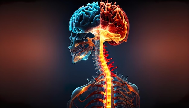Ludzka głowa i szyja z mózgiem zaznaczonym na czerwono i niebiesko.