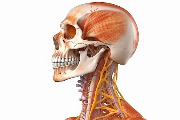 Ludzka głowa i szyja z zaznaczonymi mięśniami