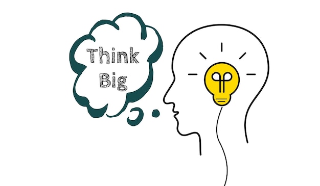 Ludzka głowa i żarówka z tekstem THINK BIG