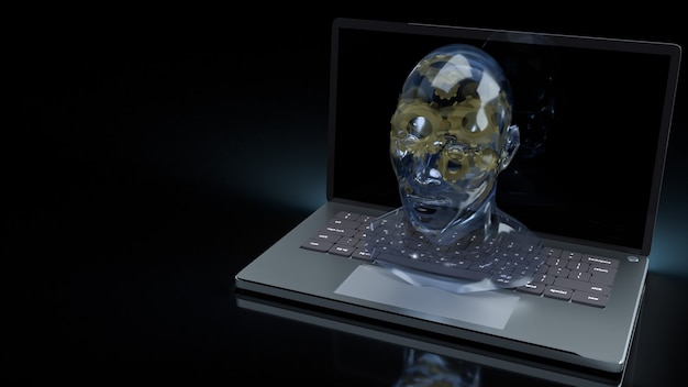 Ludzka Głowa Kryształu I Złota Przekładnia Wewnątrz Laptopa Do Uczenia Maszynowego Lub Renderowania 3d Treści Ai