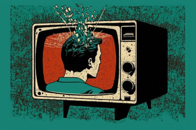 Ludzka głowa wewnątrz telewizora na kolorowym tle Koncepcja Crazy Generative AI