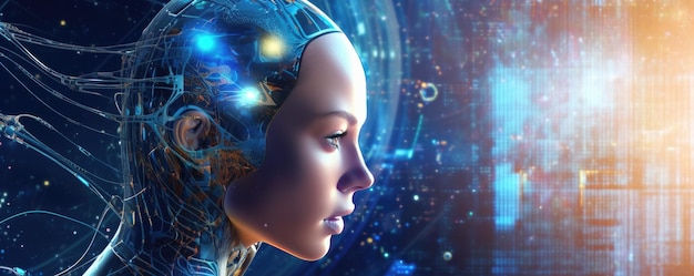 Ludzka głowa wykorzystana do przyszłego wzrostu AI w osobliwości technologicznej przy użyciu głębokiego uczenia Generative Ai
