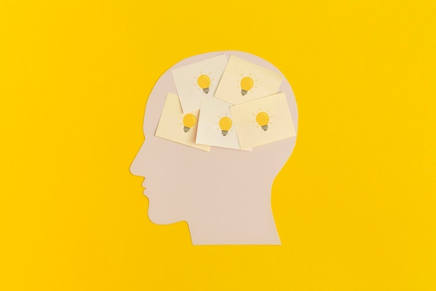 Ludzka głowa z karteczkami samoprzylepnymi na żółtym tle