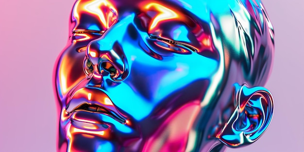 Zdjęcie ludzka głowa z kolorowym gradientem metaliczny holograficzny kolorowy