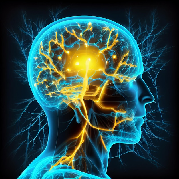 Ludzka głowa ze świecącymi neuronami w mózgogeneratywnej ai