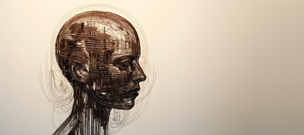 Ludzka głowa złożona z linii AI pomyślała, wiedza, wiedza, koncepcja mocy mózgu