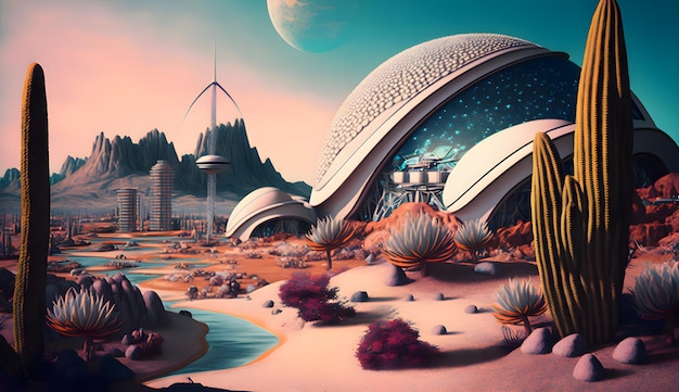 Ludzka kolonia na nieznanej planecie z retro futurystycznymi budynkami generatywnymi ai