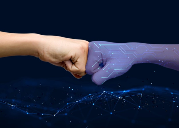 Ludzka ręka i cyfrowe ramię Ilustracja może być używana do projektowania banerów biznesowych sztucznej inteligencji Koncepcja technologiczna