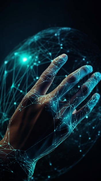 Ludzka ręka trzymająca koncepcję globalnego połączenia sieciowego w generatywnej ai renderowania 3D