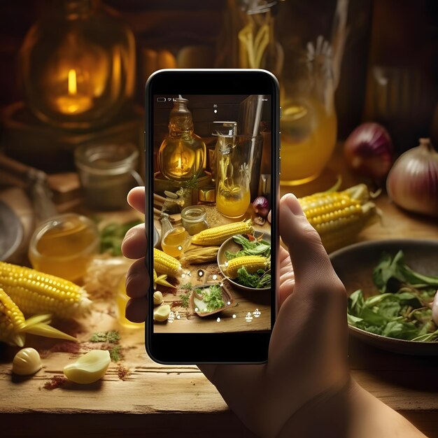 Ludzka ręka trzymająca smartfon robi zdjęcie zestawu stołowego z potrawami z kukurydzy, warzywami i kukurydzą.