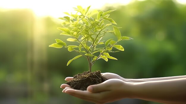 Ludzka ręka trzymająca zielony kieł rosnący z gleby na niewyraźnym tle przyrody