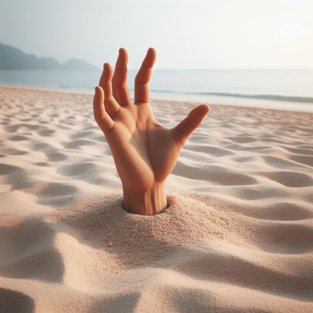 Ludzka ręka wystająca z piasku.