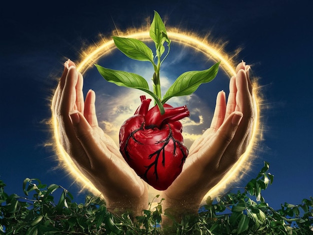 Ludzka ręka z rośliną drzewną i obrazem serca na tle