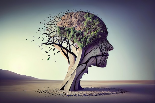 Ludzka utrata pamięci demencja choroba Alzheimera Drzewo w postaci ludzkiego drzewa z opadającymi liśćmi Ilustracja generowana przez AI