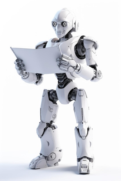 Ludzki biały robot trzyma białą księgę antropomorficznego robota odizolowywającego na białym tle