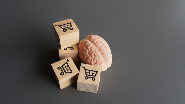 Ludzki mózg i drewniane bloky z wózkami na zakupy Zachowanie konsumpcyjne impulsy zakupy i zakupy