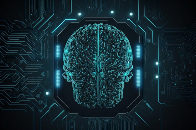 Ludzki mózg na tle technologii Koncepcja sztucznej inteligencji i przestrzeni cybernetycznej Obraz jest generowany przez AI Przewodowa ilustracja mózgu