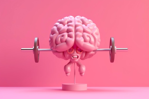 Ludzki mózg podnoszący ciężary Mózg 3D podnoszący ciężki hantel Trening umysłu zdrowie pamięci Zapobieganie chorobie Alzheimera trening mózgu edukacja badanie i koncepcja zdrowia psychicznego Generowane przez sztuczną inteligencję